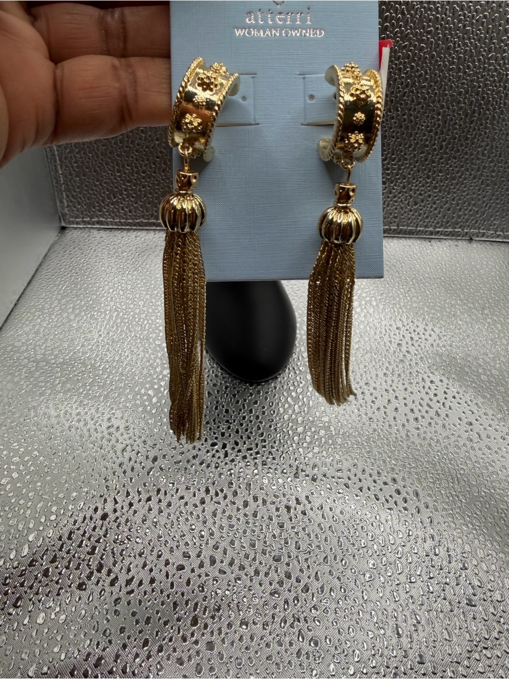 Gold Floral Hoop Tassel Drop Earrings by Atterri